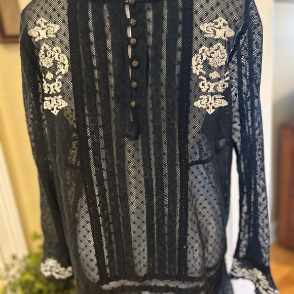 Free People Black Sheer Blouse with White Embroidery - Picture 12 of 13